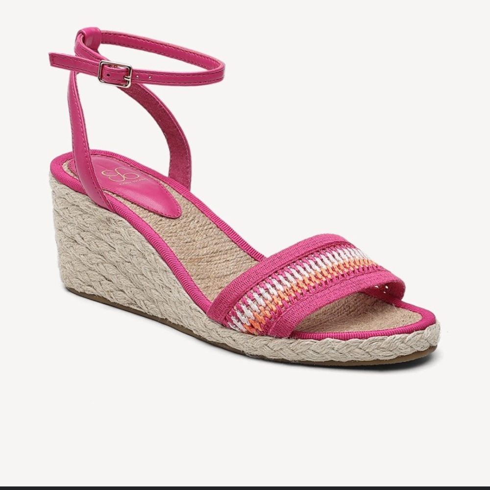 Espadrille wedge sandals in the pink multi color with a buckled ankle strap.